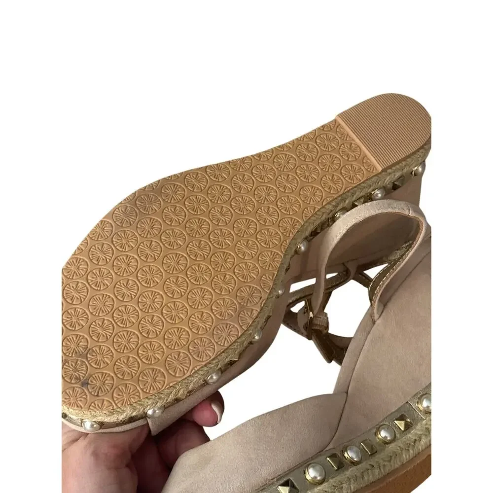 Lilly Pulitzer Hadley Espadrille Wedge Sandals Womens US 9 Beige Pearl Studded